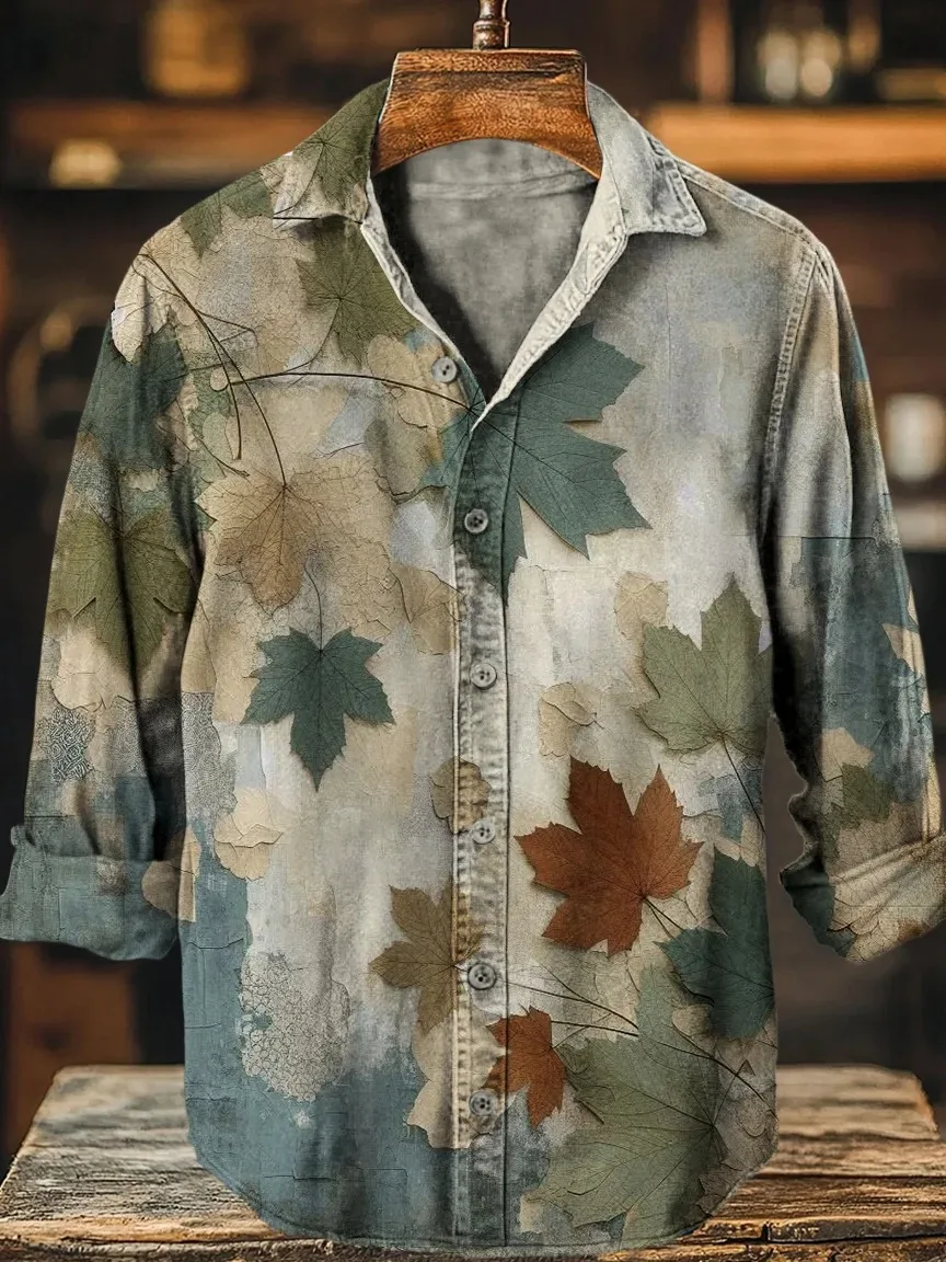الرجال مابل ليف النمط الصيني الفن طباعة قميص طويل الأكمام موضة البوهيمي التلبيب طوق بلوزة 2025 الخريف Vintage الستر الذكور #4