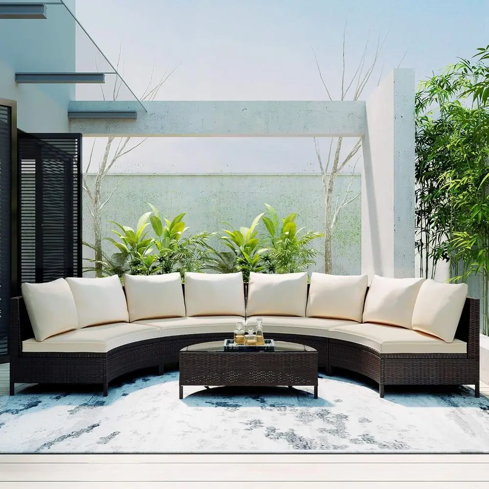 

All-Weather Brown PE Rattan Half-Moon Sofa Set with Tempered Glass Table, Outdoor Patio Sectional Furniture for Garden and Pools