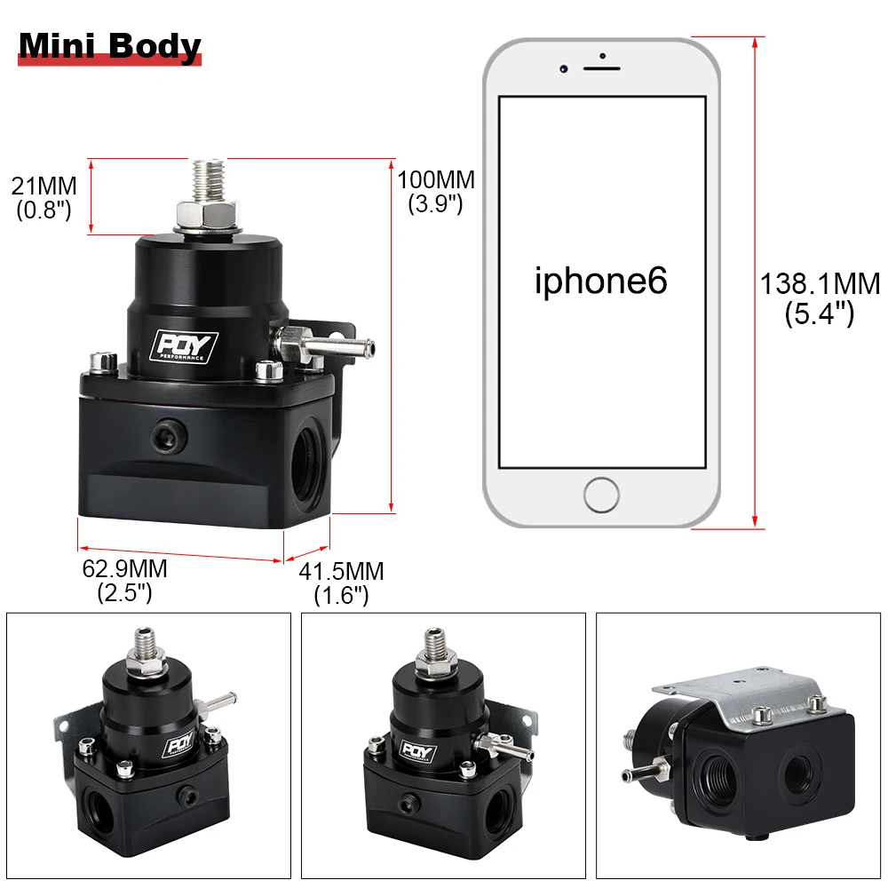 PQY Adjustable Fuel Pressure Regulator with Oil Gauge & AN8 Feed Fitting & AN6 Return Line Fitting & AN8 End Cap