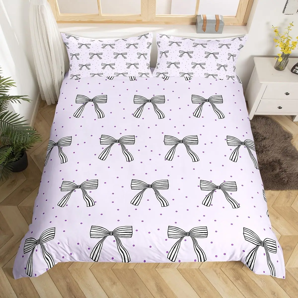 

Bowknot Girlish Duvet Cover Cherry Cake Cartoon Bedding Set Cute Dots Love Heart Bow-tie Comforter Cover,Pink Kawaii Quilt Cover