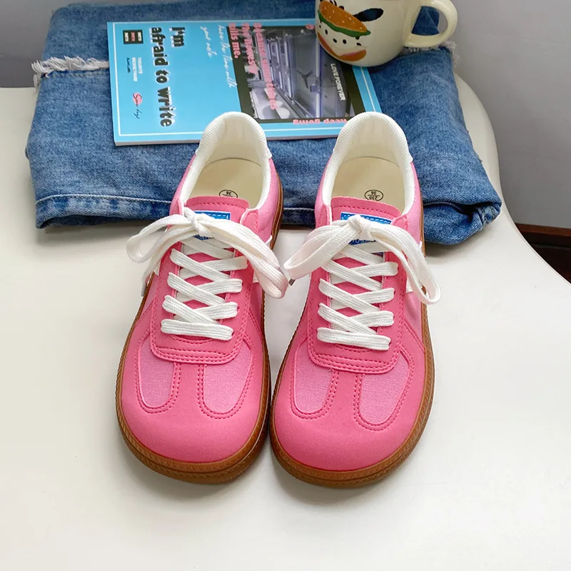 2024 New Women Pink Tennis Sport Shoes Female Canvas Sneakers Lace Up Girls Students Blue Casual Shoes Soft Insole Patchwork