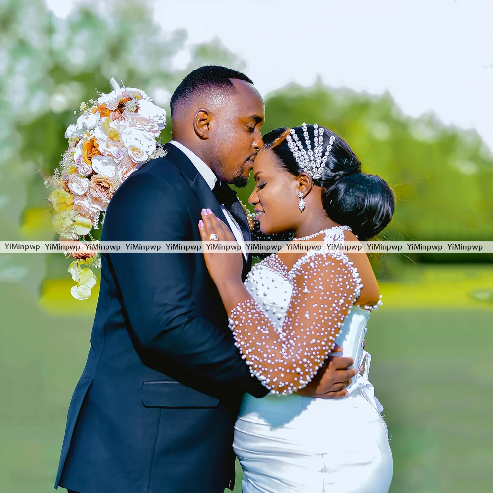 Luxe Witte Kralen Parels Zeemeermin O-hals Trouwjurken Voor Zwarte Meisjes 2025, Lange Mouwen Afrikaanse Satijnen Bruidsjurken Aangepast