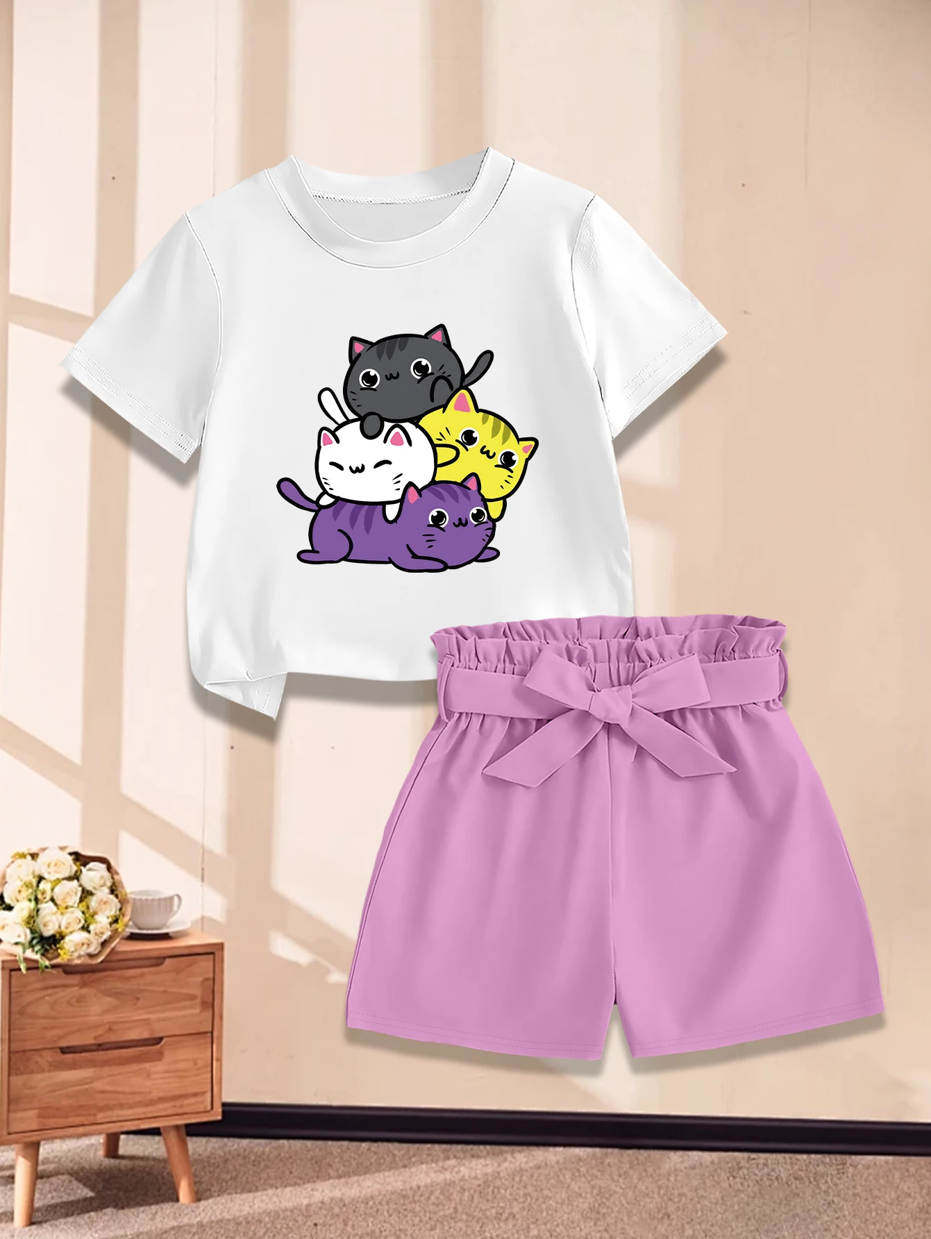 2 pieces: Cartoon Stacked Cats Print Girls' Sweet Cute Summer Woven Bow Shorts Set