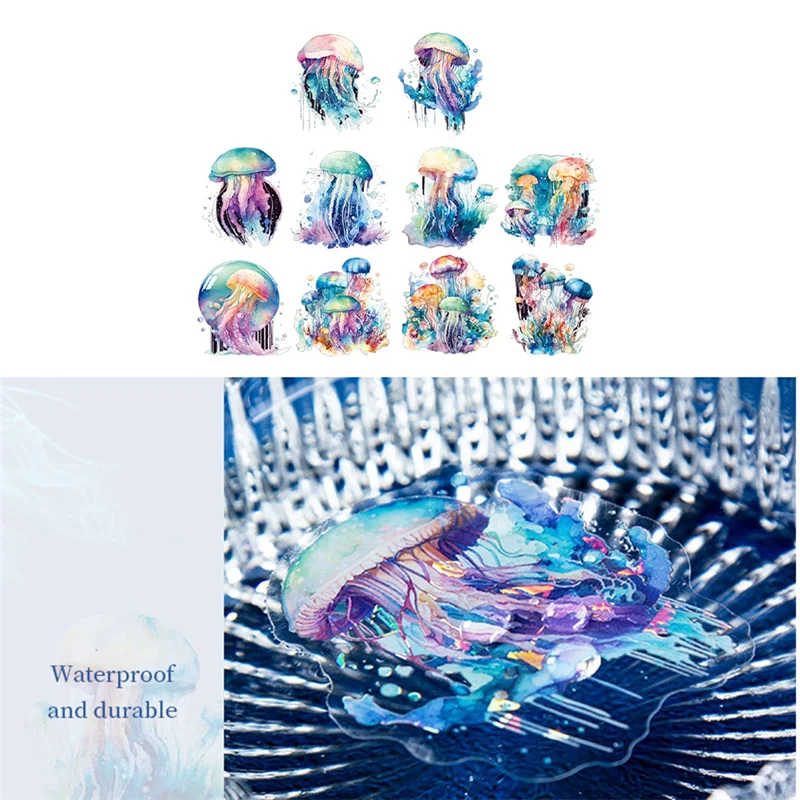 

10Pcs Handbook Sticker For Girls Jellyfish Stickers, PET Waterproof Gold Holographic Outlines Vibrant Colors Glisten Decals