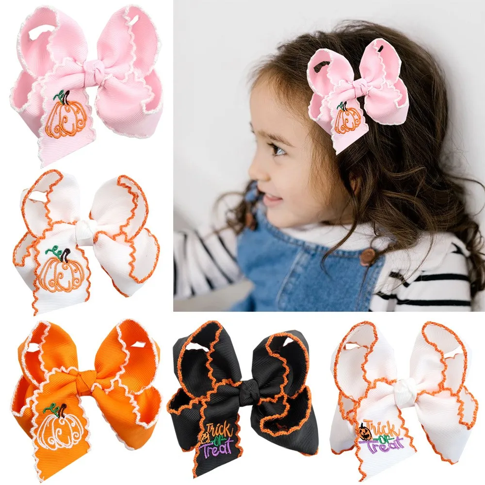 20pc 4-Inch Edge-Locked Ribbon Bow Hair Clips Baby Girls Pumpkin Embroidered Barrettes Easter Themed Hair Accessories Kids Bulk