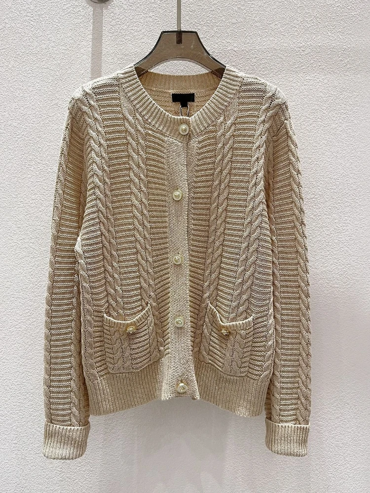 Vintage Knitted Cardigan Women's Loose Round Neck Single Breasted Patch Bag Wool Blended Sweater Jacket