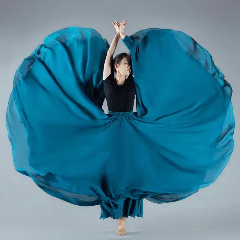 Jupe de danse plissée à 720 degrés en mousseline de soie, longue, couleur unie, taille haute, pour femmes