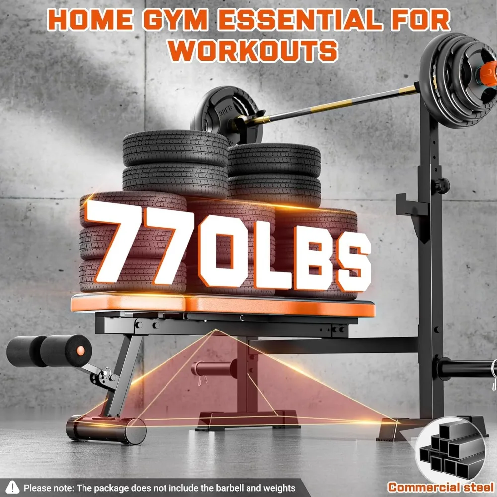 مقعد الوزن، مكبس مقعد 770 رطل مع رف القرفصاء، مقاعد وزن قابلة للتعديل لصالة الألعاب الرياضية المنزلية، مقعد تمرين بتصميم مبتكر