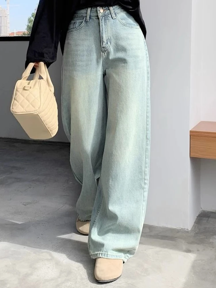 Woman 2024 Spring High Waist Wide Leg Trousers Female Washed Narrow Version Straight Leg Pants Fashion Light Blue Stacked Jeans — zdjęcie 7