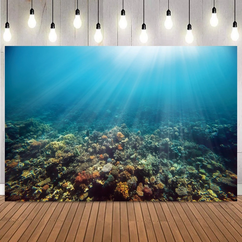 Underwater Ocean Photo Backdrop Blue Sea Coral Reef Sunlight Fish Baby Shower Birthday Party Aquarium Photography Background