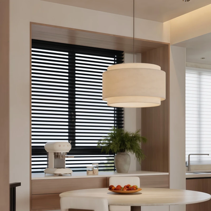 Nordic Double Layer Fabric Pendant Lamp Simple Drum Linen Shade Hanging Light Home Decor for Bedroom Kitchen Living Room