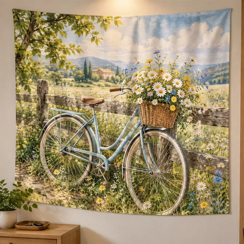 VIKAMA Bicycle Flower Basket Tapestry Wall Hanging, Aesthetic Cottage Room Decor Tapestries for Bedroom Living Room Study