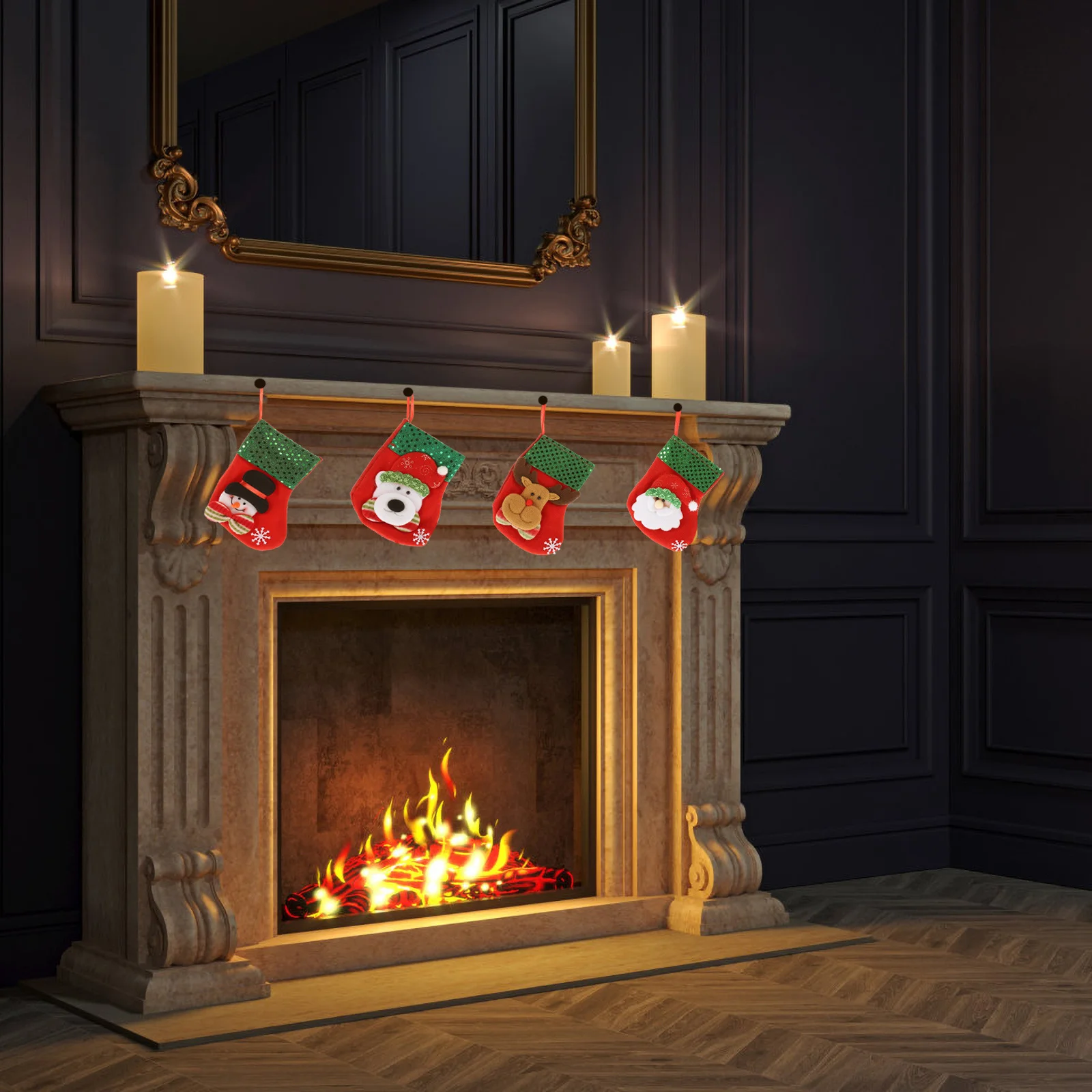 

4Pcs Christmas Stocking Nonwoven Ornaments Glitter Santa Snowman Gift Bag Hanging Decorations Holiday Christmas Tree Decor