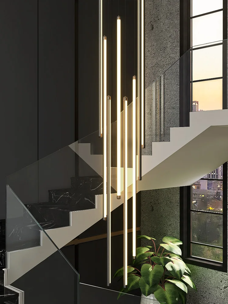 plus Aluminum LED Staircase Chandelier Hanging Lamp for Long Stair Lighting Luxury Hotel Villa Office with Tube Light