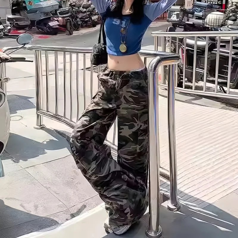 กางเกงคาร์โก้ลายพรางผู้หญิงทรงหลวมสไตล์ฮิปฮอปเอวสูงกางเกงสปอร์ตแฟชั่นลำลองสำหรับตั้งแคมป์และสตรีทแวร์