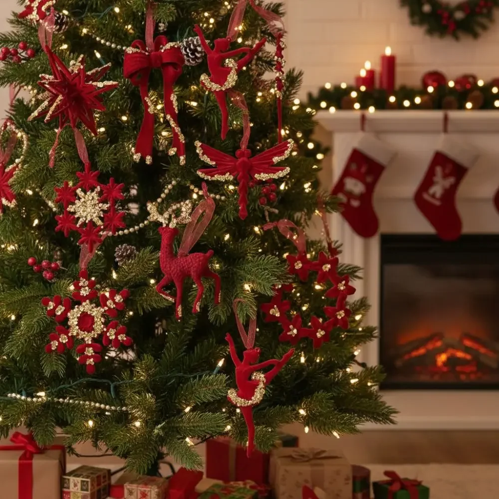 

Wine Red Christmas Tree Pendant Gold Sequin Glitter Bow Snowflake Elk Hanging Ornaments Ice Bar Butterfly Dragonfly