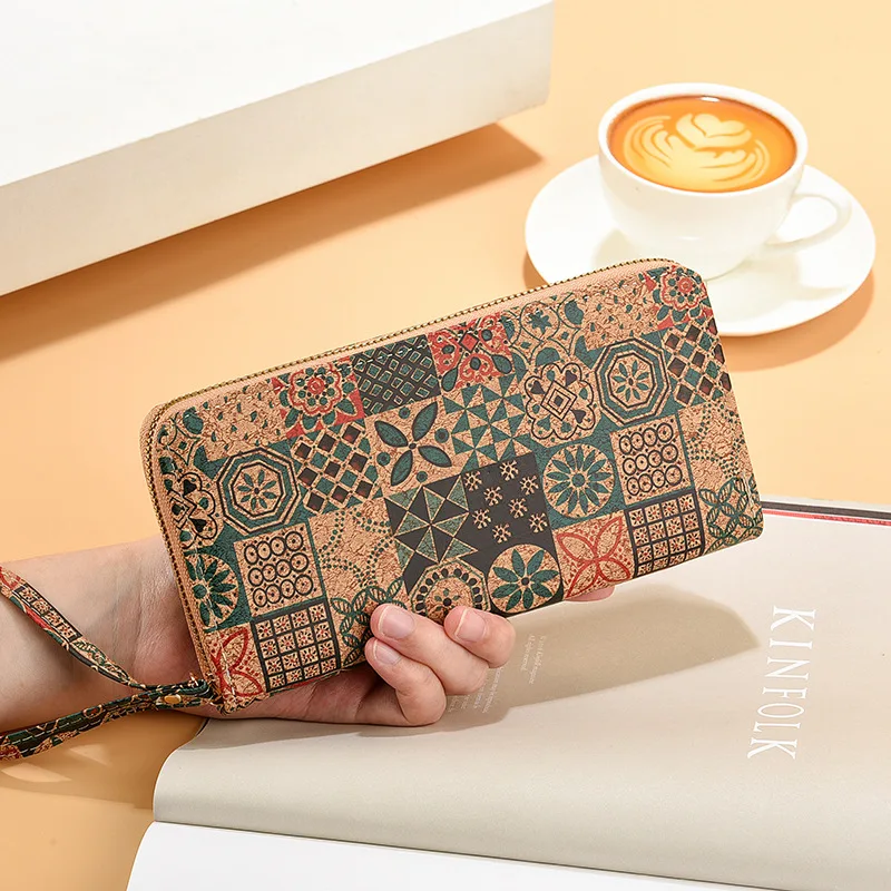 

New Women's Wallet Zipper clutch bag Large Capacity mobile phone Bag Vintage Cork print purse Fashion Card Bag