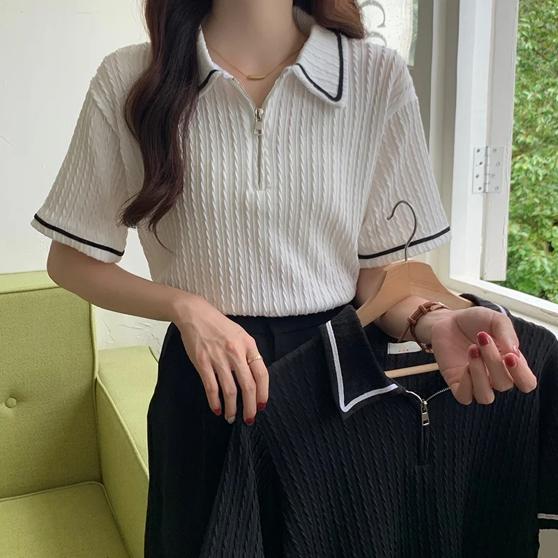 Summer  Shirt Women's Short Sleeve Turn-down Collar Embroidered Fabric Small Fragrance Style T-shirt Trendy Ladies Top