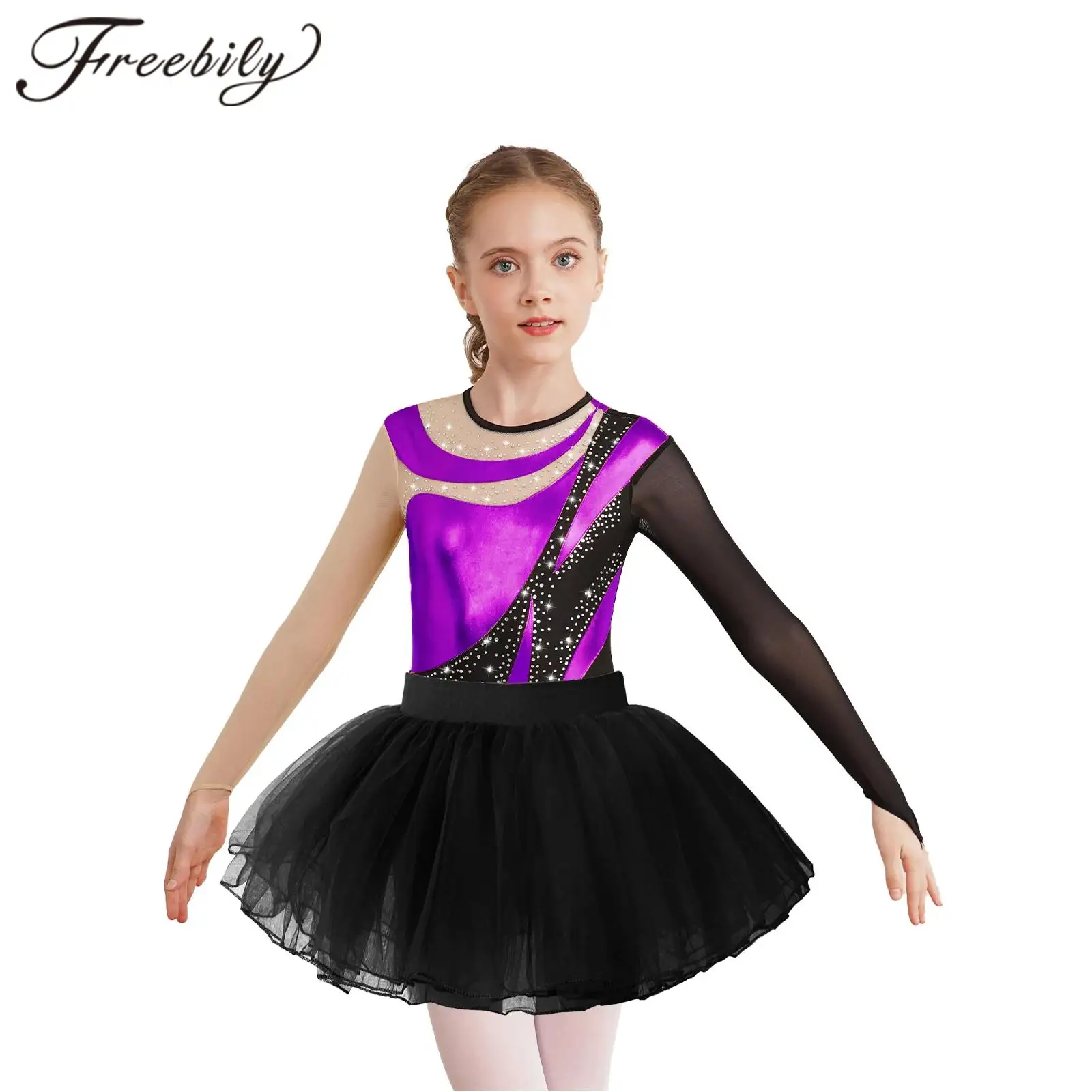 Kids Girls Skating Gymnastics Outfits Patchwork Long Sleeve Ballet Dance Leotard with Tutu Mesh Skirt Children's Dancewear Sets