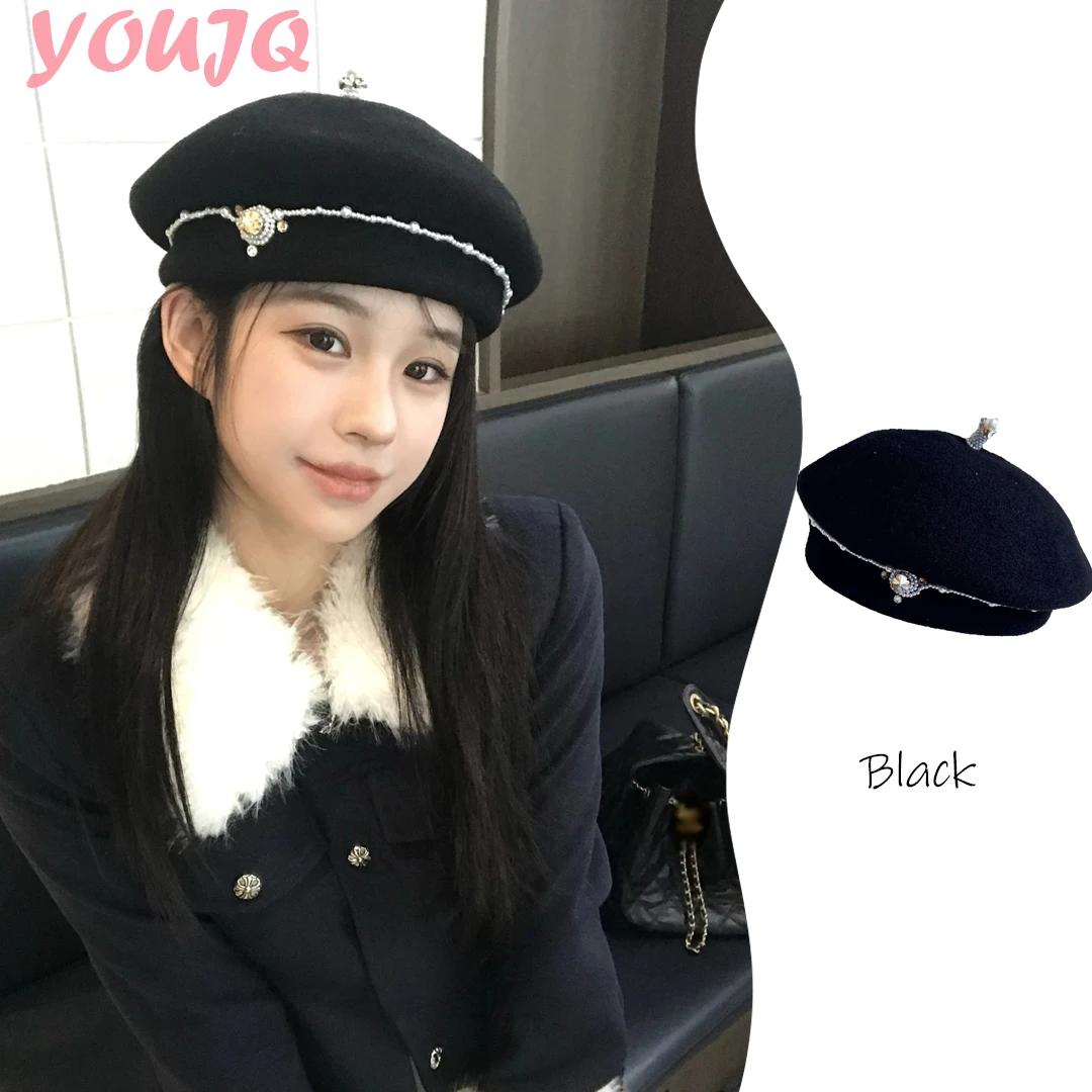 heavy-industry-luxury-bead-chain-crystal-3d-woolen-beret-hats-for-women-autumn-and-winter-warm-wool-knitted-shining-painter-cap