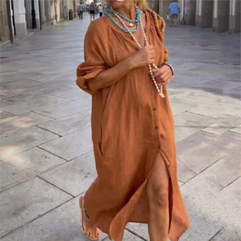 

Women's Cotton Linen Shirt Dress Casual V-neck Full Sleeve Loose Long Dresses Female Autumn New Fashion Ladies Vestidos