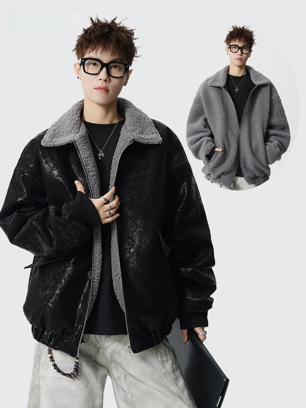 

Double-Sided Wear Fce Cotton Jaet Men's Winter American Sle Casual Versatile Collar Leather Jaet Retro Warm Outerwear