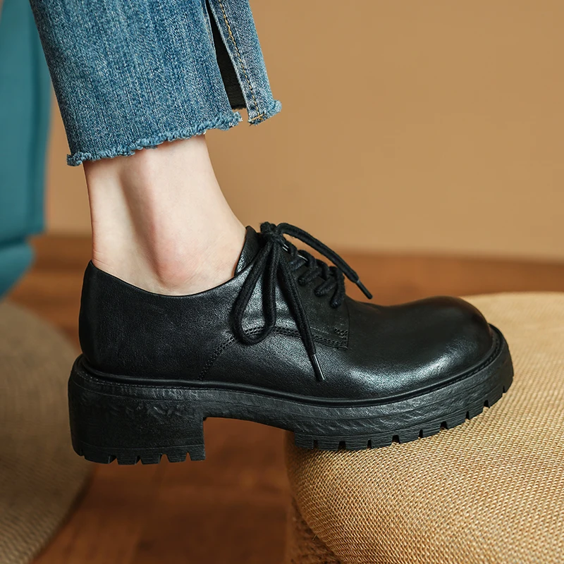 

Woman Shoes Thick Outsole Simple Shoes Horsehide Woman Quality Flats Spring Autumn Retro Loafers Lace-Up British Style Footwear