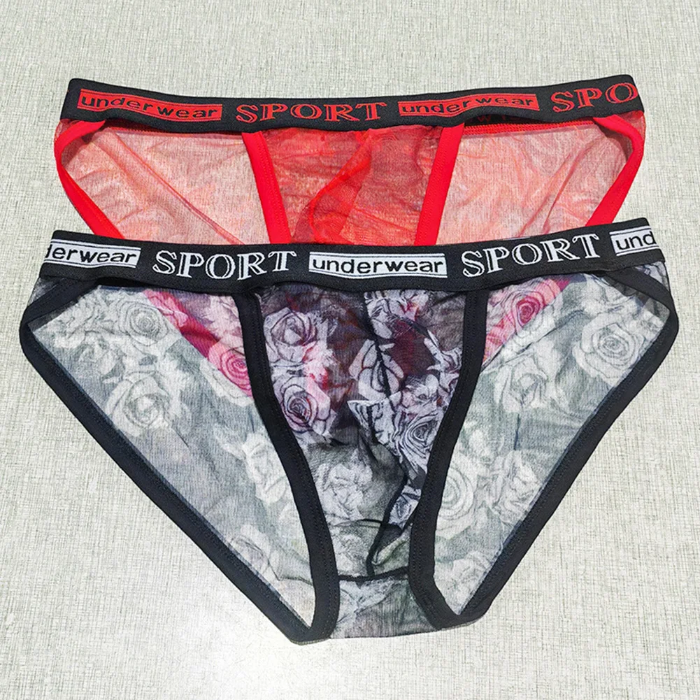 1pc Men Rose Printed Briefs High Fork Perspective Underwear Sexy Mesh Sheer Panties Breathable Comfortable Underpants