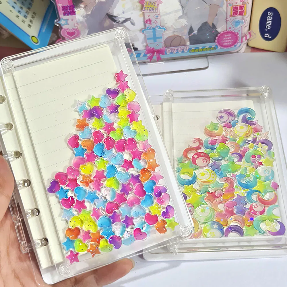 transparente e visivel acrilico binder notebook papelaria criativa quicksand loose leaf notebooks faca voce mesmo heart flower e star a7 01