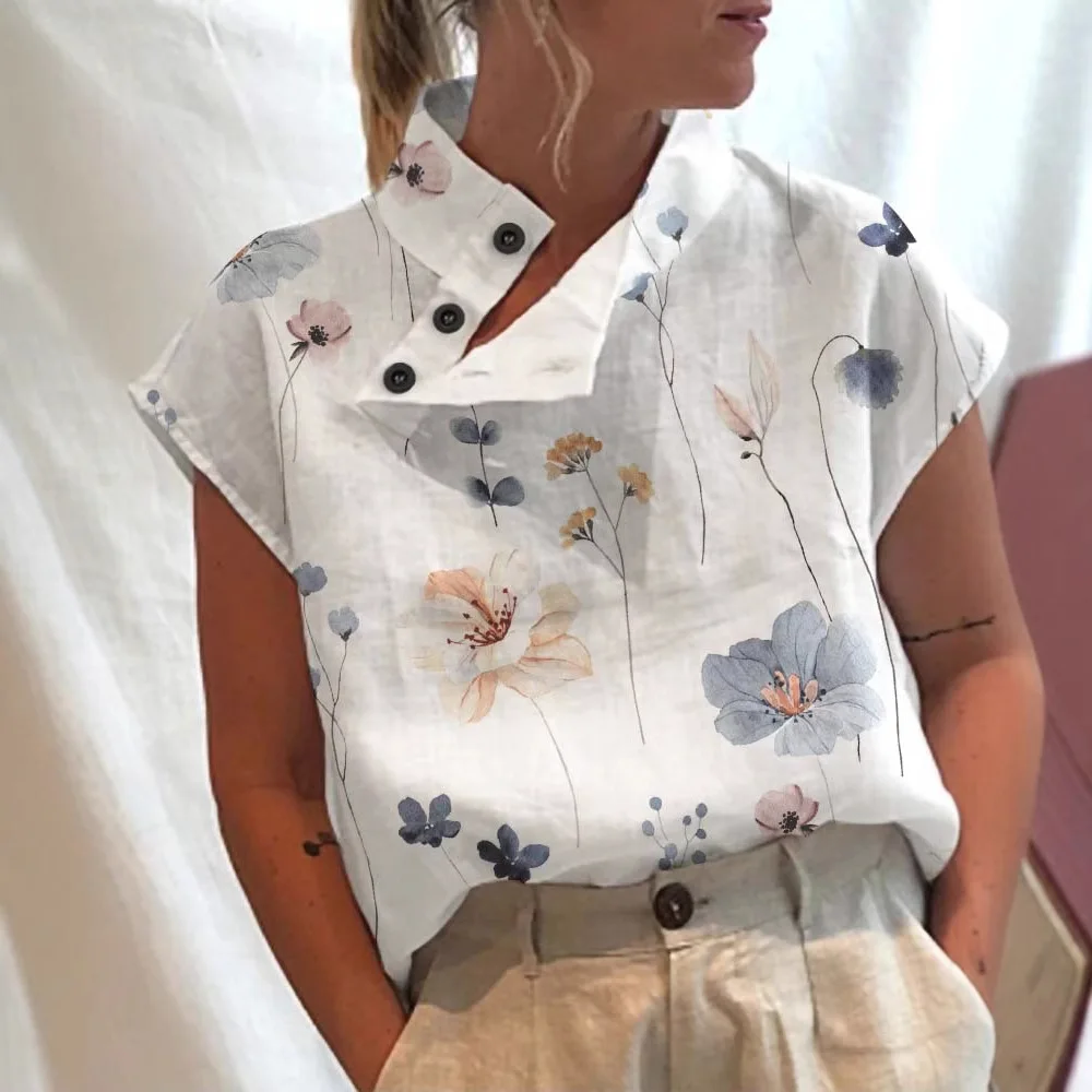 Women's Casual Stand Collar Short Sleeve Digital Print Top