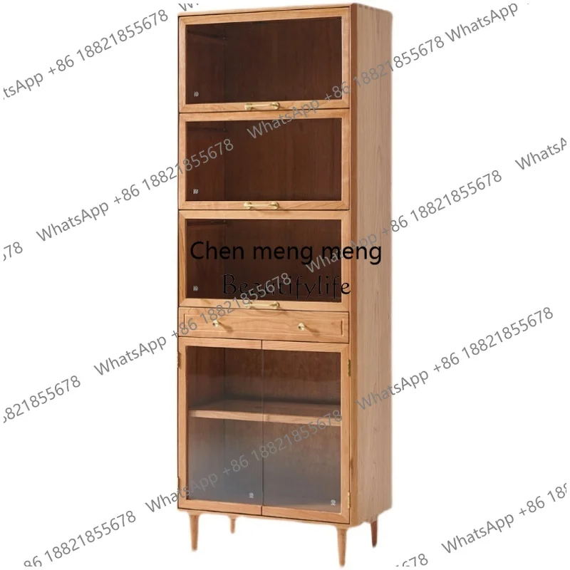 Nordic Modern Minimalist Cherry Wood Flip Door Handcrafted Living Room Display Cabinet Glass Storage Cabinet