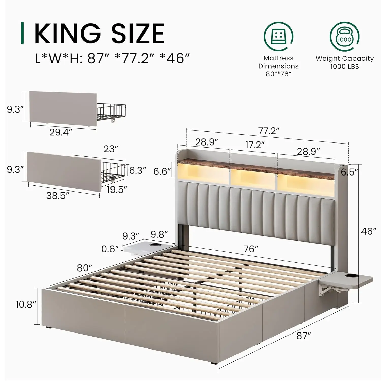 King Bed Frame with Headboard 4 Drawers Adjustable Desk Charging Station Easy Assembly No Box Spring, Customized view 2