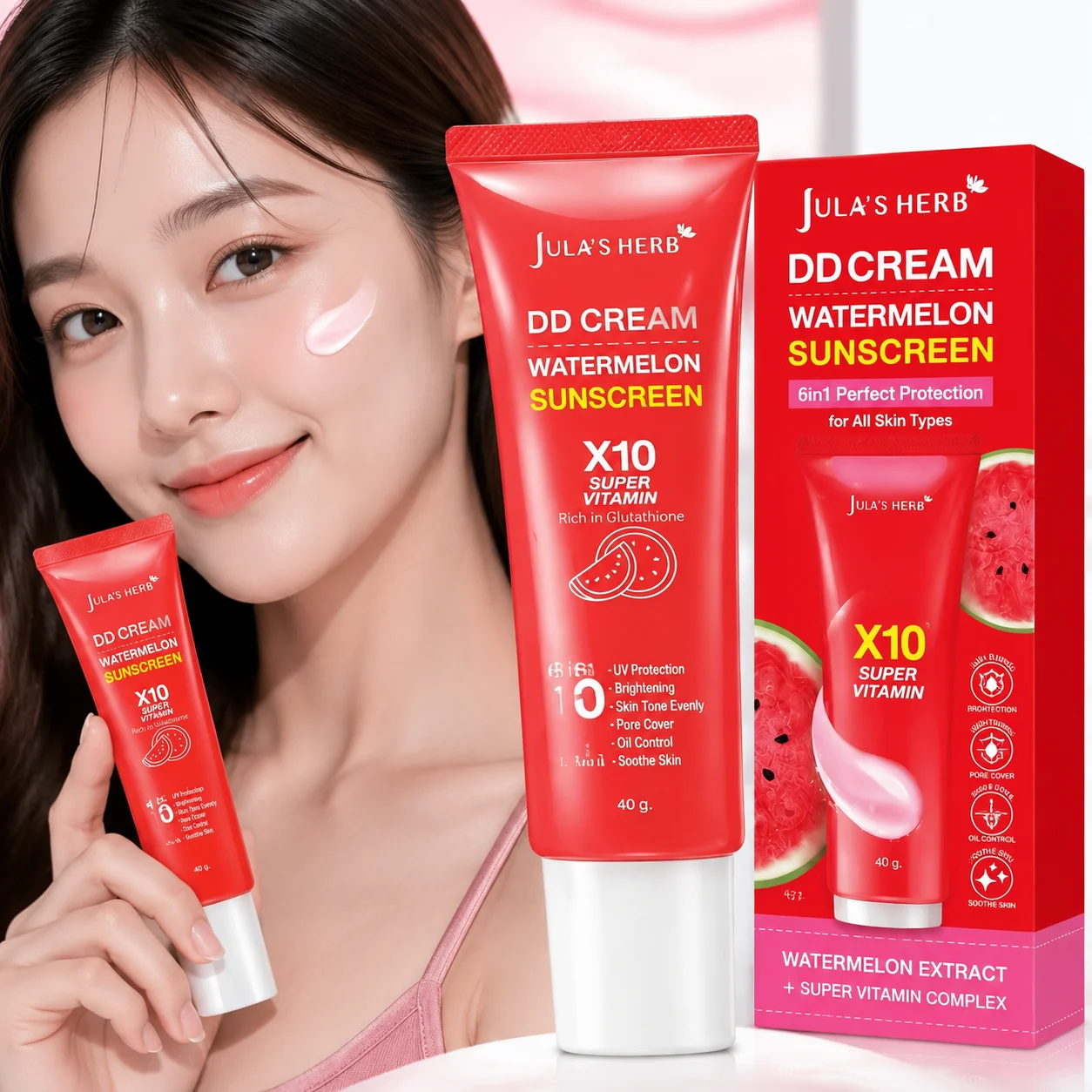Watermelon DD Sunscreen SPF50 Whitening Brightening Cream Reduce Freckles Blemishes Dark Spots Sunblock Smooth Skin