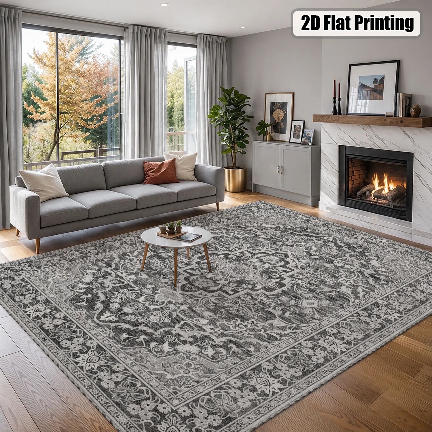 Large Indoor Area Rug, Soft Velvet Low Pile with Non-slip Dotted Backing, Machine Washable Vintage Distressed Gray Oriental Medallion Rug for Living Room and Bedroom - view 4