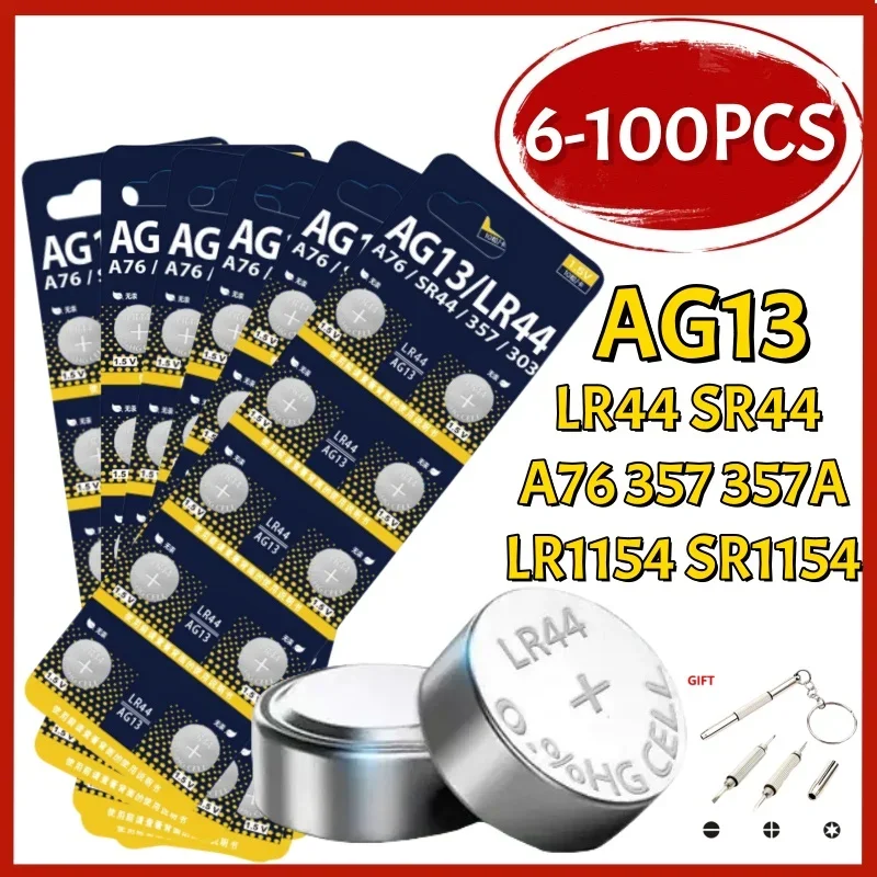 

6-100PCS AG13 LR44 A76 357A Button Cell Coin Alkaline Battery 1.55V SR44SW L1154 SP76 pila 357 303 for Watches Toys No Mercury