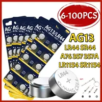 6-100PCS AG13 LR44 A76 357A Button Cell Coin Alkaline Battery 1.55V SR44SW L1154 SP76 pila 357 303 for Watches Toys No Mercury
