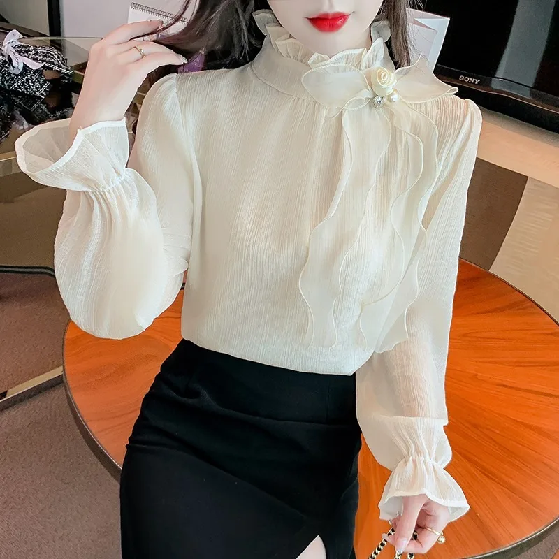 2023 Spring Autumn Basic Shirts Blouses Women Fashion Long Sleeve Elegant Office Lady Work Solid White Ruffled Chic Tops