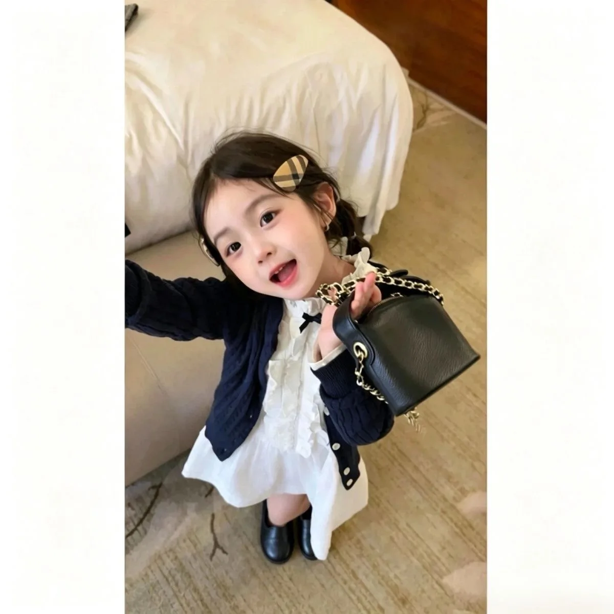 2026 Autumn Outfits Girls Korean Baby Cotton Fall New Navy Cardigan Knit Bow Knot Skirt Versatile Two Trendy