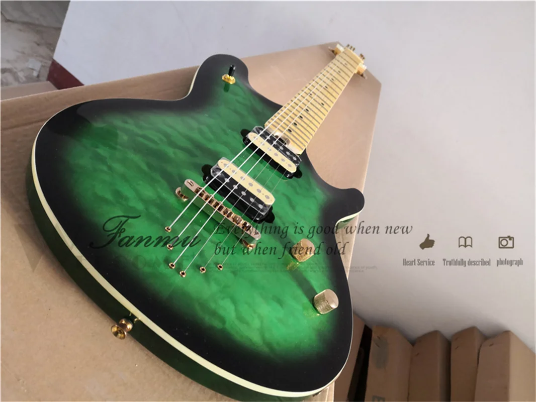 

Green ELectric Guitar Pen Body Mahogany Squilted Maple Top White Binding Maple Fingerboard Gold Tuners HH Pickups