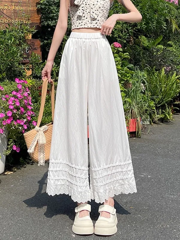 Korean Sweet Style Ice Silk High Waist Wide Leg Pants Women's Summer Casual Patchwork Nine Point Pants
