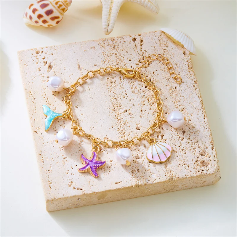 Summer Beach Trendy Pearl Shell Starfish Charm Bracelet for Women Gold Color Link Chain Bracelets Vacation Jewelry Accessories