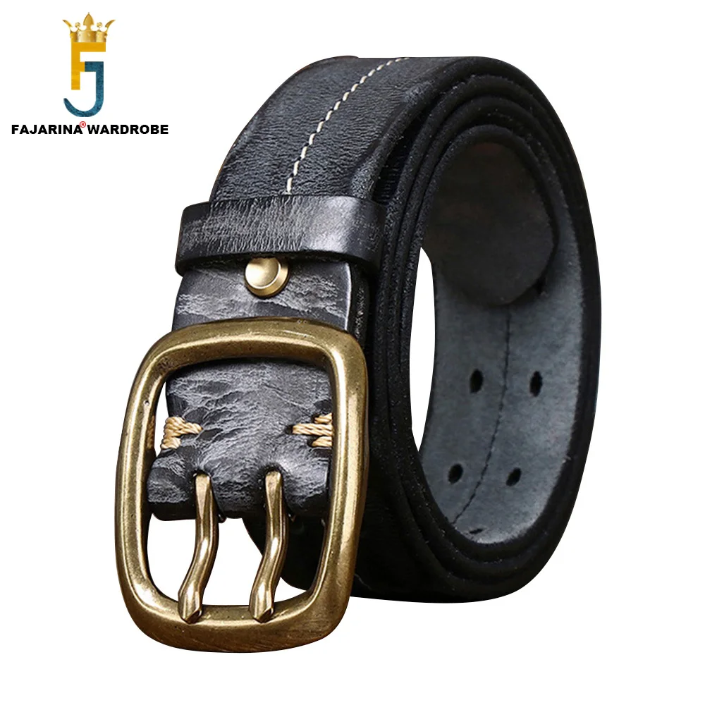 Double Brass Metal Pin Top Quality Pure Cowhide Leather Belt for Men 3.8cm Wide