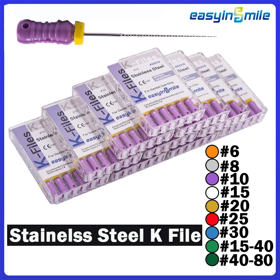 EASYINSMILE 10/1Packs Dental K Files 25MM Endo Root Canal Hand Use Stainless Steel K-FILE #6-#80 Endodontic Instruments Tools