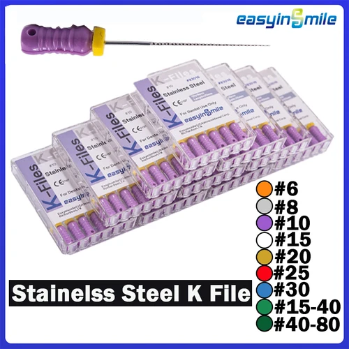 EASYINSMILE, 10/1 paquetes de limas dentales K, 25MM, conducto radicular Endo, uso manual, K-FILE de acero inoxidable # 6- # 80 herramientas para instrumentos endodonticos