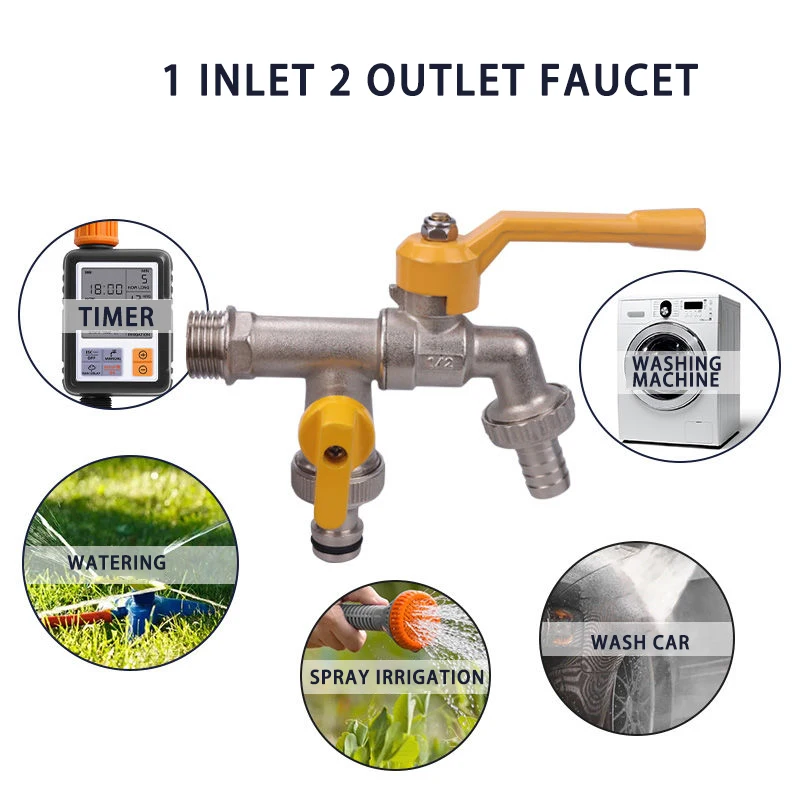 Tmok Outdoor Double Water Tap Faucet Exterior Garden Hose Faucet Adapter 1/2\