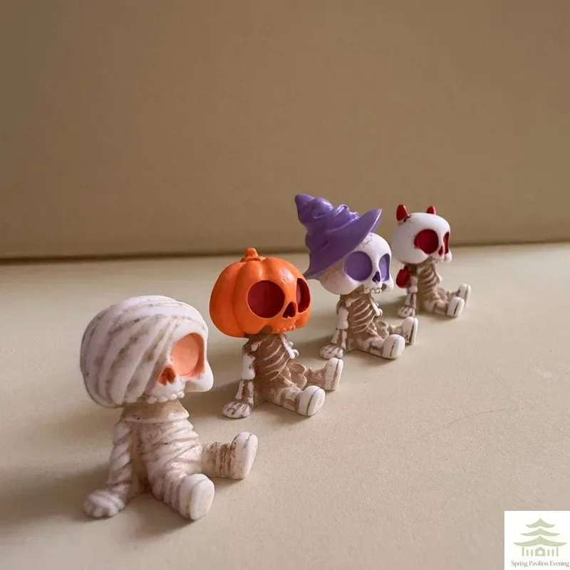 4Pcs Halloween Mini Figurines Set, Spooky Resin Decor with Pumpkins Ghosts Skulls for Party Home Garden Decoration