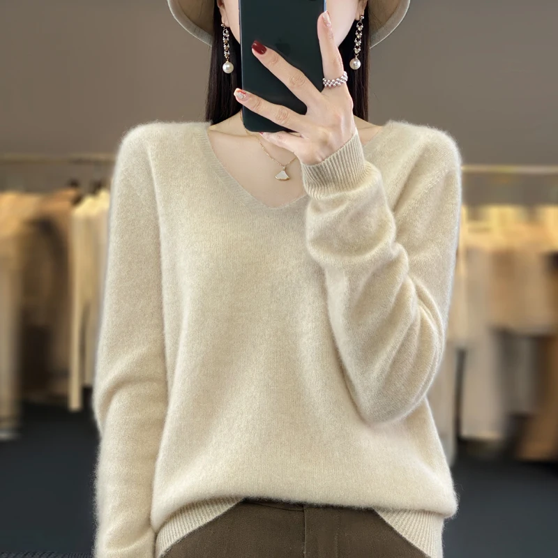 100% Wool Cashmere Sweater Women\'s 2023 Autumn/Winter New V-neck Knitted Pullover Solid Color Long Sleeve Soft Comfortable Top