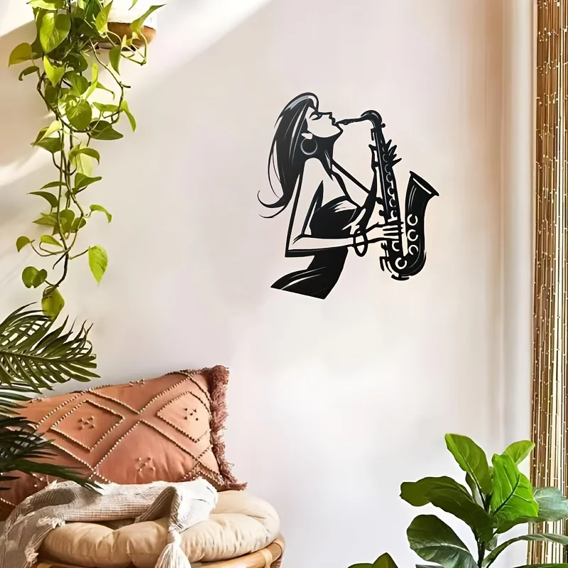 1pc Modern Female Jazz Musician Metal Wall Sculpture - Metal Saxophone & Accordion Player Art, Female Musician Silhouette