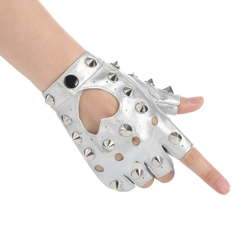 Personality Fingerless Rivet Gloves PU Leather Leopard Print Half-palm Gloves Gothic Y2K Patent Leather Gloves Disco Dancing
