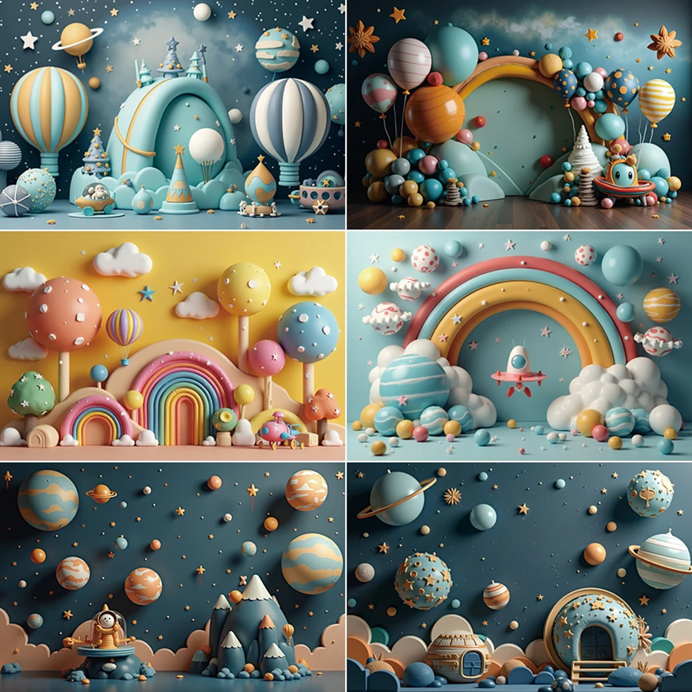 

MOON.QG Happy Birthday Cosmos Balloon Background Photography Space Rainbow Flowers Photozone Backdrop Baby Studio Supplies